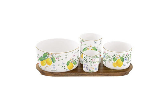 Easy Life Set aperitivo con 4 ciotoline in porcellana e vassoio in acacia 29x13 cm Collezione FLeurs et citrons