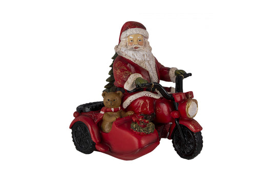 CLAYRE E EEF Decorazione Natalizia Statua Babbo Natale su moto e orso al suo fianco 19x14x17 cm