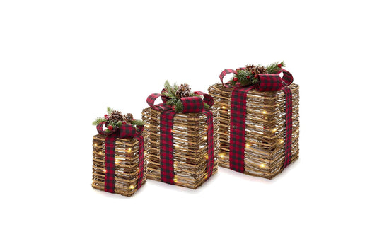 Set tre pacchi regalo di natale con luci led da decorazione con fiocco, e vischio Shabby Chic, Vintage, retrò 25/20/15 cm.