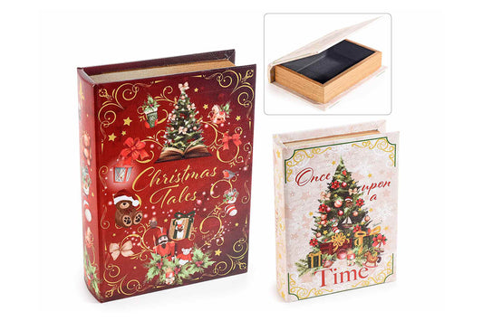 Set due scatole a libro di Natale in legno foderato "Favola di Natale". Misure: Grande: cm 17,5x25x5,5 H
Piccolo: 13 x 18 x 4 H - Con rivestimento effetto pelle