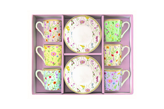 Easy Life Set 6 tazzine da caffè con piattino in porcellana  100 ml Meadow Flowers