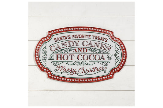 Targa di natale in metallo  " Candy canet & hot cocoa sign" Misura 62x38 cm