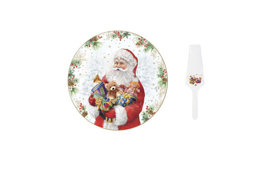 Piatto torta con paletta in porcellana con scatola regalo. Diametro 32cm. Linea Santa is coming di Easy Life