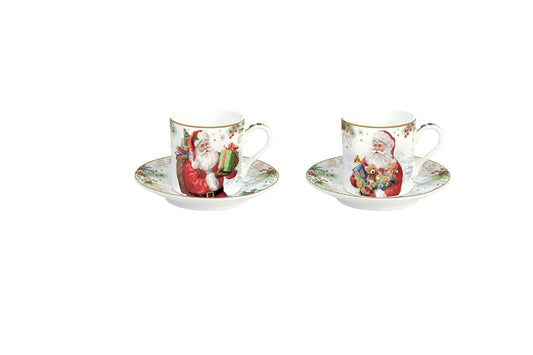 Set due tazzine da caffè con piattino in porcellana con scatola regalo. Capacità 75 ml. Linea Santa is coming di Easy Life