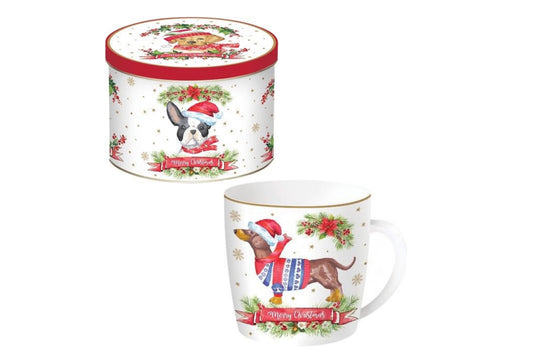 Tazza in porcellana in scatola di latta della collezione " Christmas dog" di Easy Life