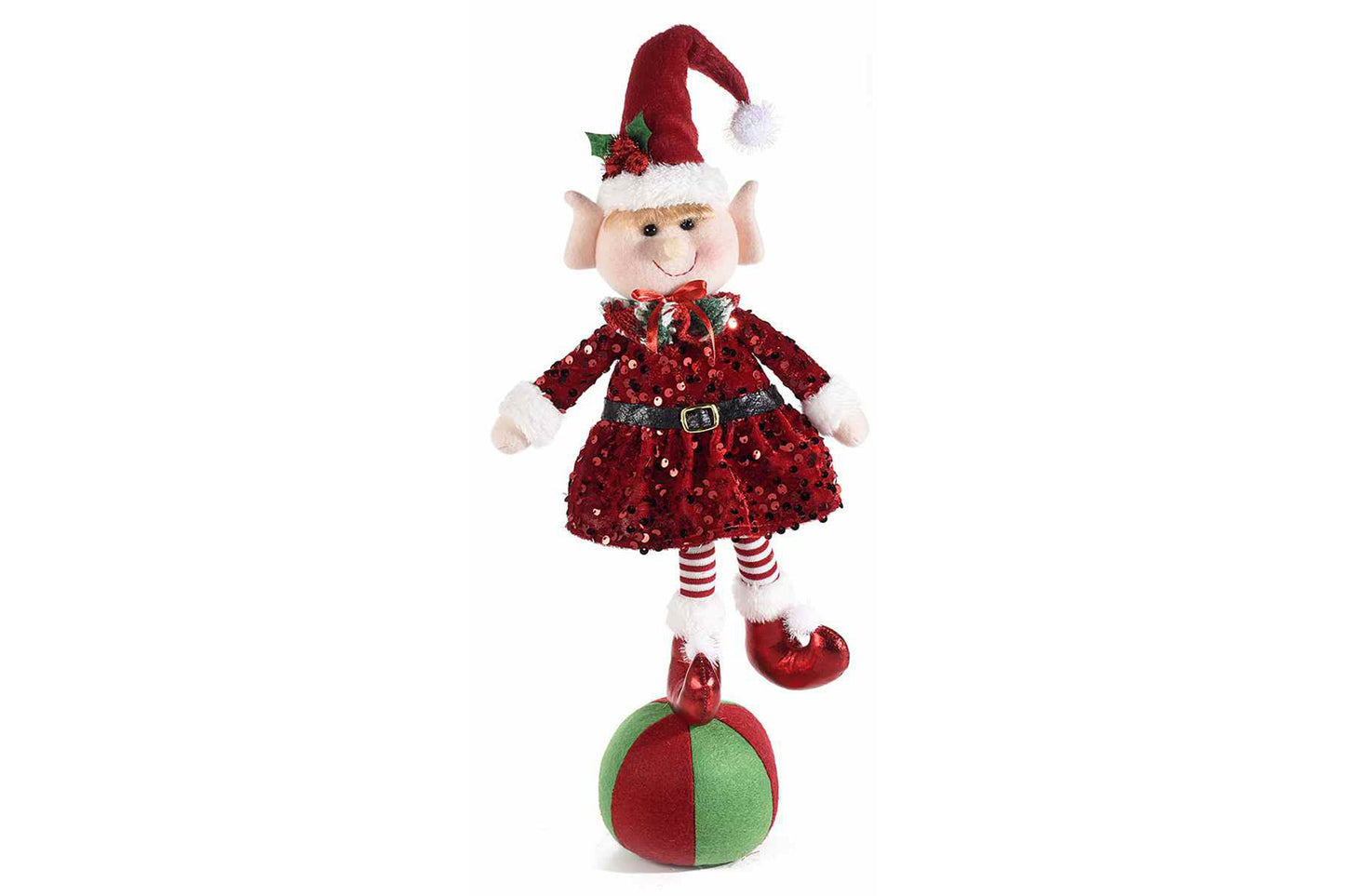 Elfa di natale con abito in pailletes su palla in stoffa. cm 15x10x55 H 
Gamba e cappello modellabili